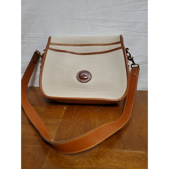 Dooney & Bourke Saddle Bag AWL Leather Push Lock Flap Bag Creme Tan Shoulder - Picture 2 of 13